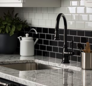 Detail image of a kitchen sink with black faucet, little black marble subway tile backsplash, and white cabinetry. Generative AI