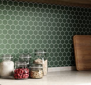 Kitchen interior with mosaic backsplash. 3d rendering.
